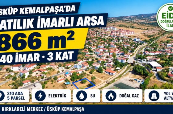 Kırklareli Üsküp’te 866 m² %40 imarlı satılık arsa