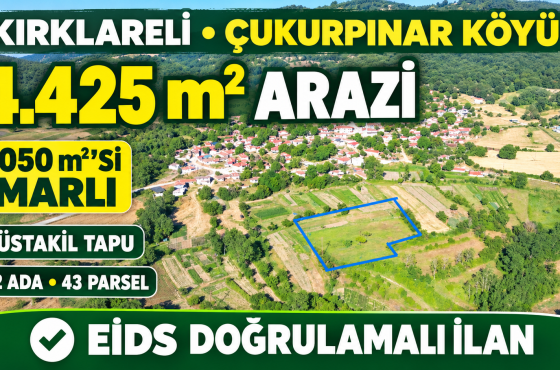 Kırklareli Çukurpınar’da 1.050 m²’si İmarlı 4.425 m² Satılık Arazi