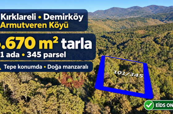 Demirköy Armutveren’de tepe konumda, doğa manzaralı 6.670 m² satılık tarla