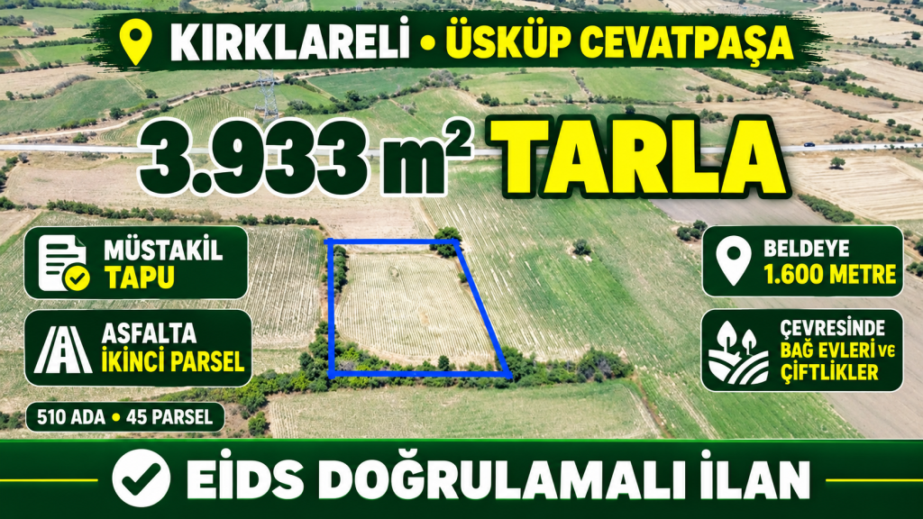 Kırklareli Üsküp’te 3.933 m² tarla