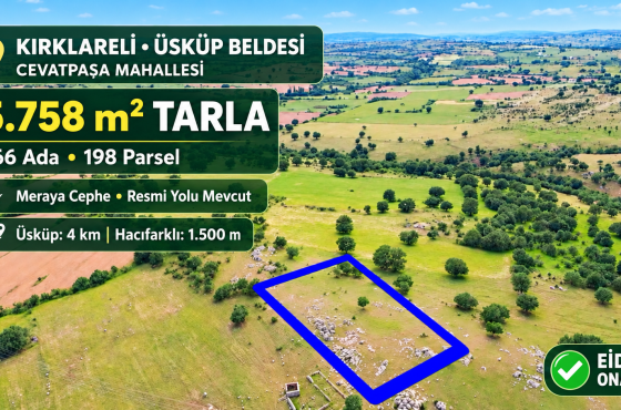 Üsküp Cevatpaşa’da Meraya Cepheli, Resmi Yolu Bulunan 5.758 m² Satılık Tarla