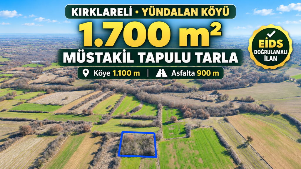 Kırklareli Yündalan’da 1.700 m² Tarla