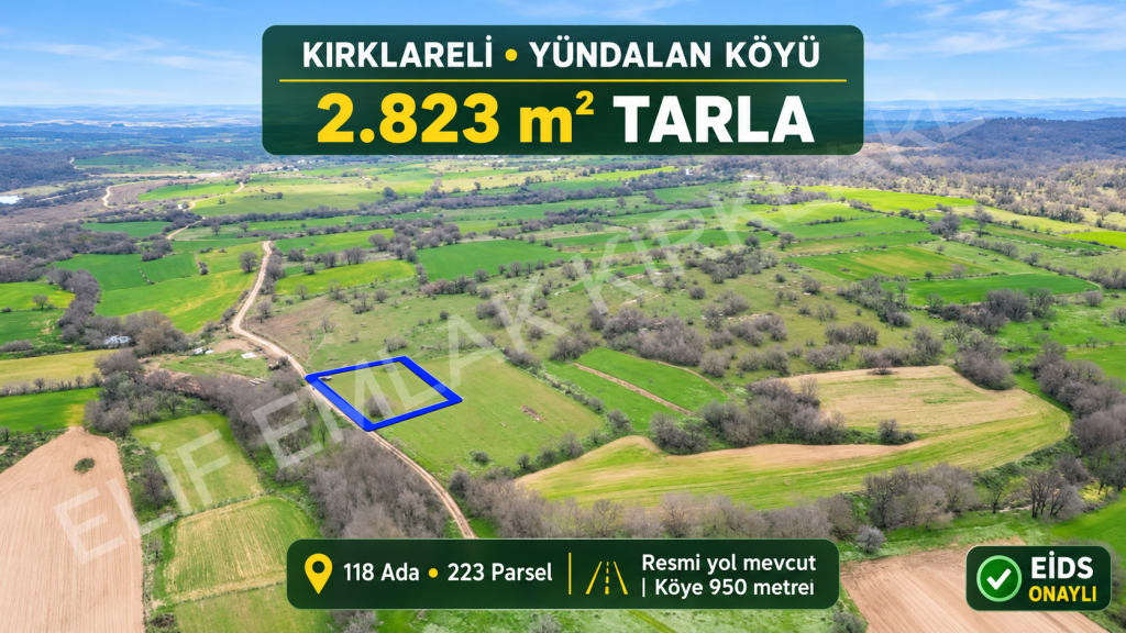 Kırklareli Yündalan’da 2.823 m² tarla