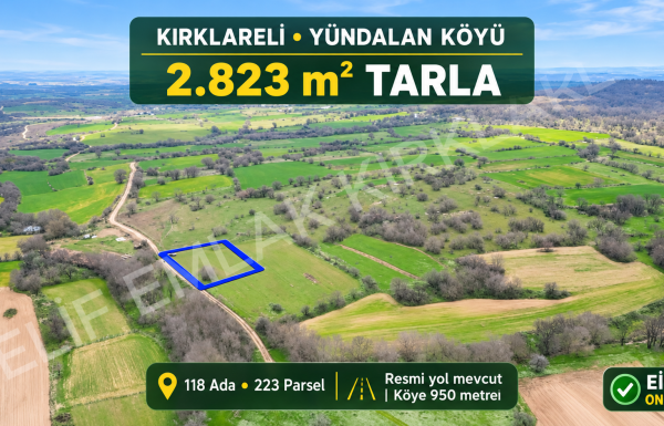 Kırklareli Yündalan’da 2.823 m² tarla