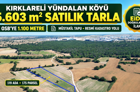 Kırklareli Yündalan Köyü’nde OSB’ye Yakın 5.603 m² Satılık Tarla