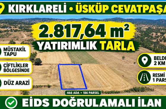 Kırklareli Üsküp’te 2.817,m² Müstakil Tapulu Satılık Yatırımlık Tarla