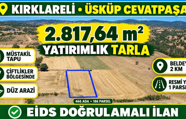 Kırklareli’nde 2.817,64 m² yatırımlık tarla