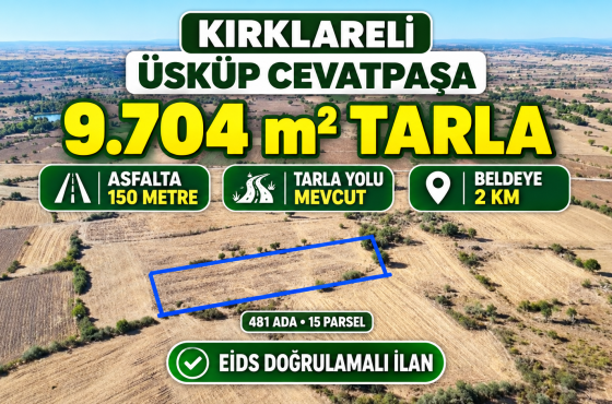 Kırklareli Üsküp’te Asfalta 150 Metre Mesafede 9.704 m² Satılık Tarla