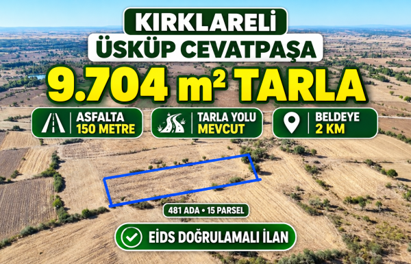 Kırklareli’nde 9.704 m² tarla