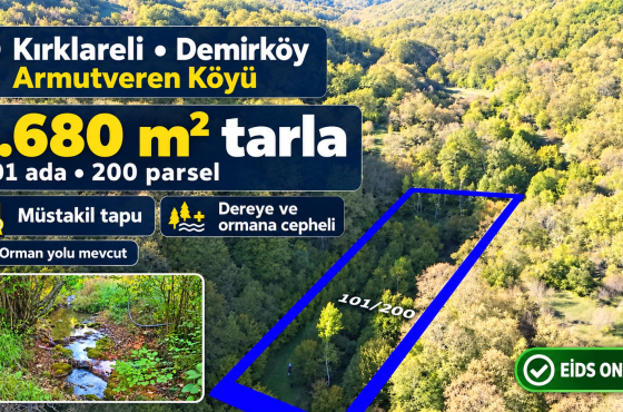 Demirköy Armutveren’de dereye ve ormana cepheli 1.680 m² müstakil tapulu tarla
