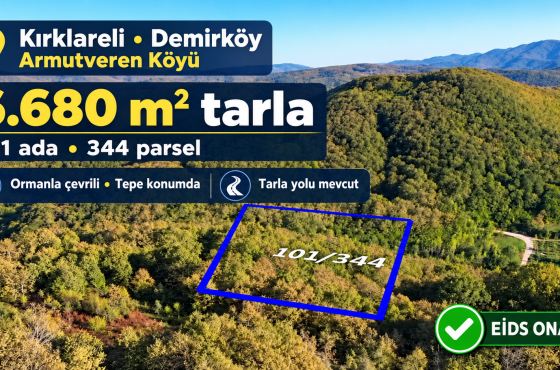 Demirköy Armutveren’de ormanla çevrili, tepe konumda 6.680 m² satılık tarla