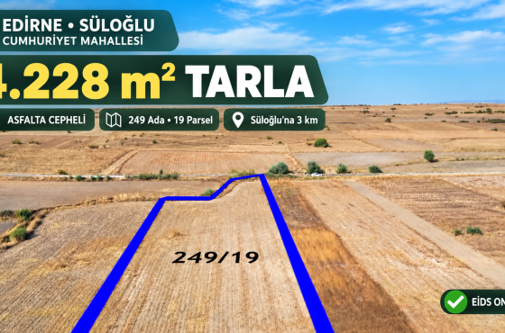 Edirne Süloğlu’nda Asfalta Cepheli 4.228 m² Satılık Tarla