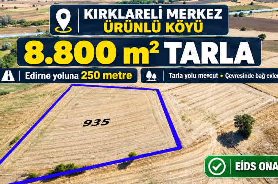 Kırklareli Ürünlü Köyü’nde Edirne Yoluna 250 Metre Mesafede 8.800 m² Satılık Tarla