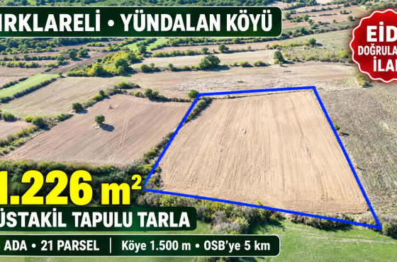 Kırklareli Yündalan Köyü’nde Satılık 11.226 m² Müstakil Tapulu Tarla